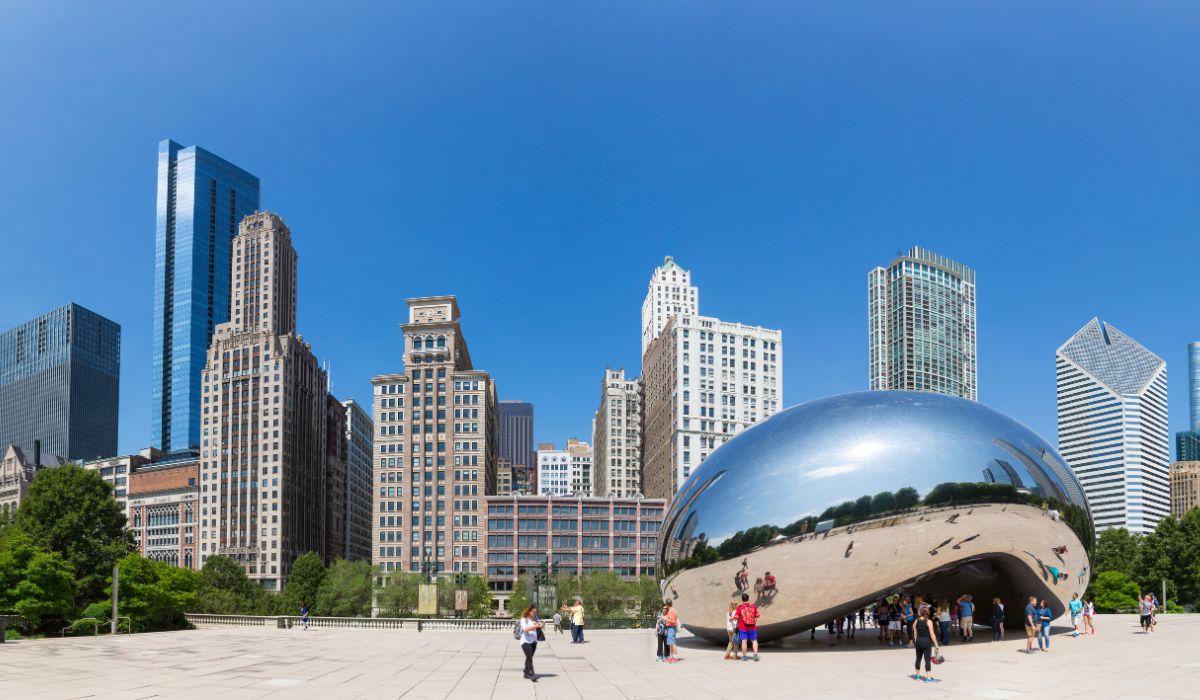 chicago's cloud gate, alos known as the bean, in millennium park in chicago