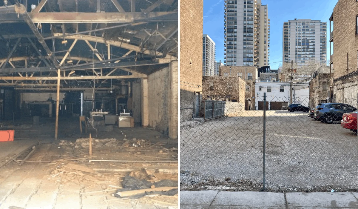 interior and exterior of the dilapidated building that was once Carol’s Speakeasy on 1355 N Wells in Chicago