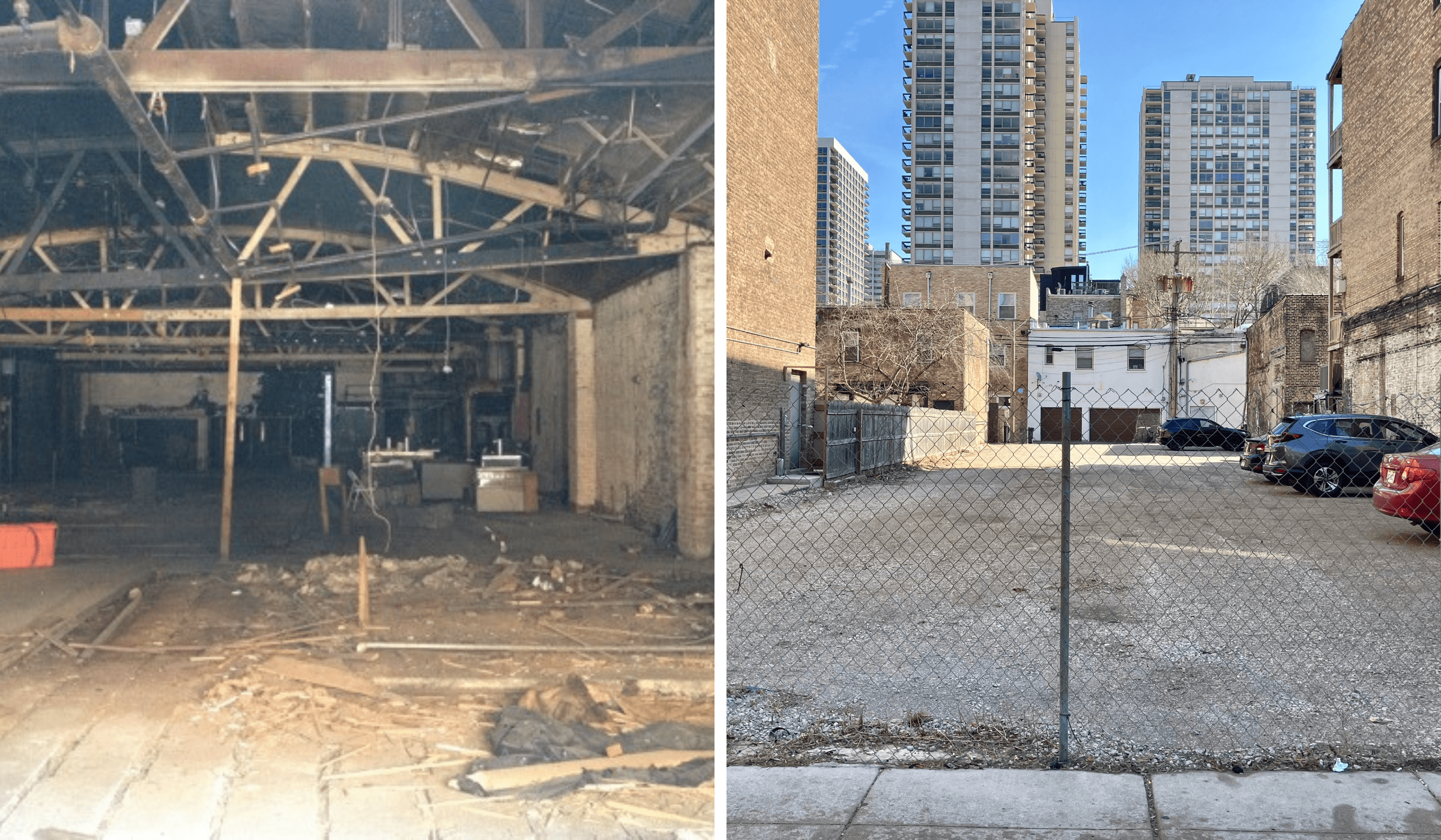 interior and exterior of the dilapidated building that was once Carol’s Speakeasy on 1355 N Wells in Chicago 