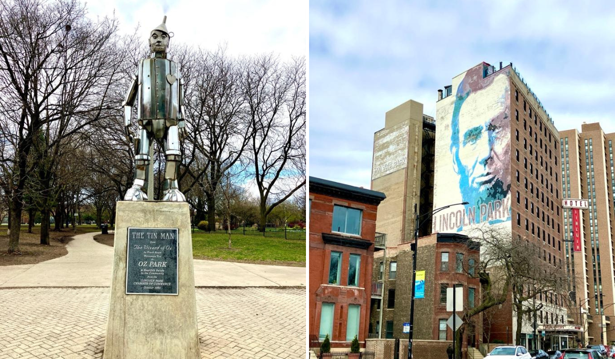 statue of the tinman from the wizard of oz on the left and a mural of abraham lincoln on the right, in the lincoln park neighborhood of chicago