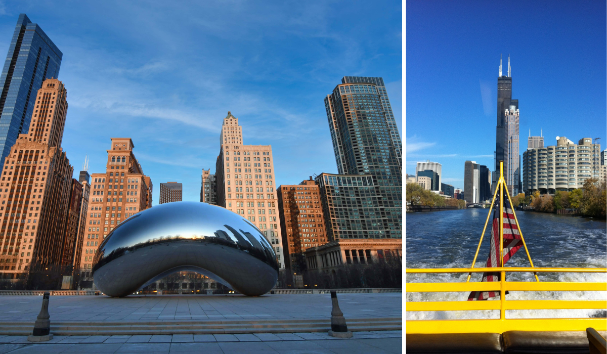 the bean in millenium park on the left and a boat ride on the river on the ride, in the old loop neighborhood in chicago