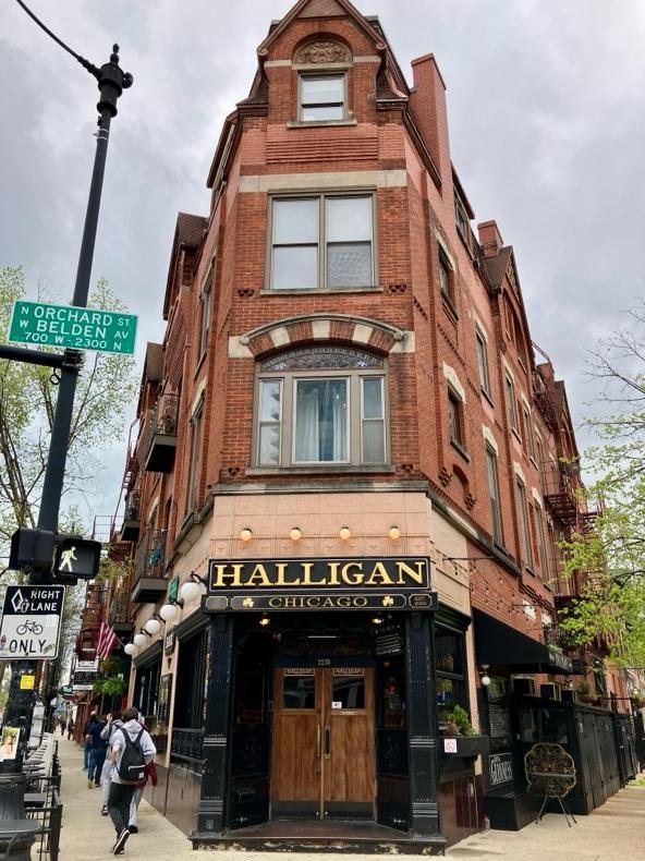 exterior of hallingan bar in chicago, a historic bar that was a speakeasy during prohibition in chicago