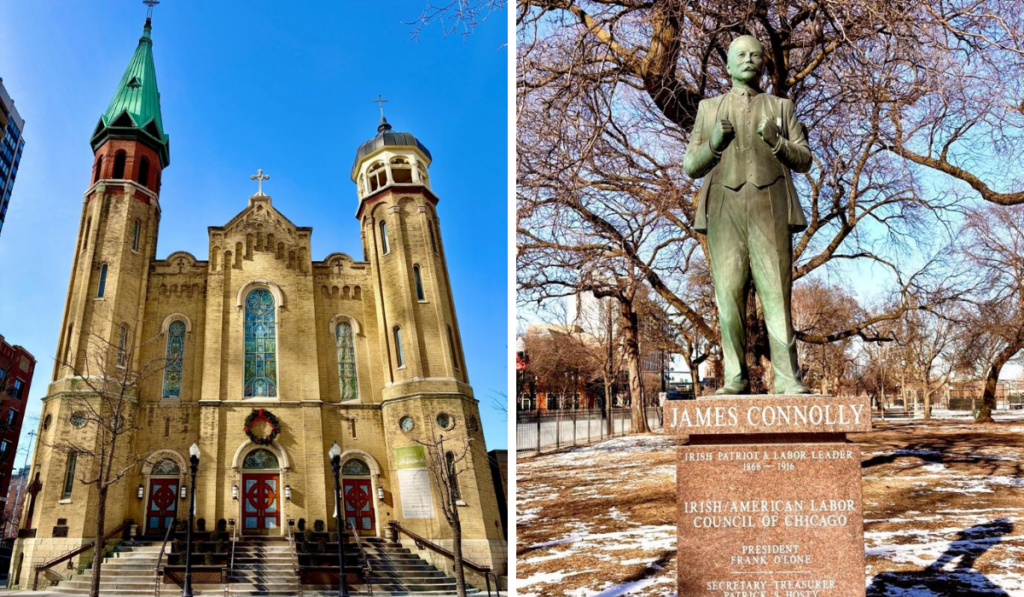 Pictured on the left is St. Patrick’s Church & on the right is a Statue of James Connolly in Union Park Chciago