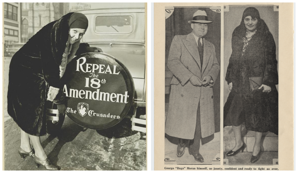 on the left is a photo of a woman with a tire cover that reads "repeal 18th amendment", on the right is a photo of George "bugs" moran and his wife who shows 1920s gangster fashion