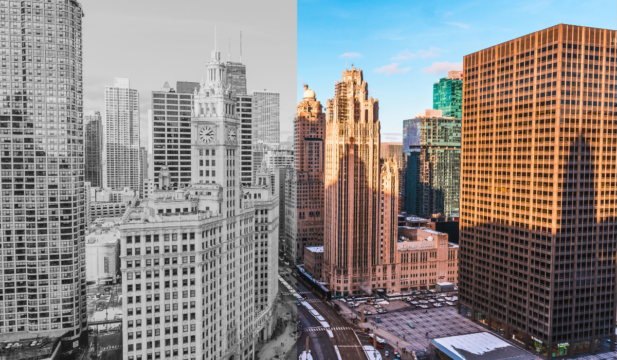 edited photo of chicago where half is black and white and the other half is full color