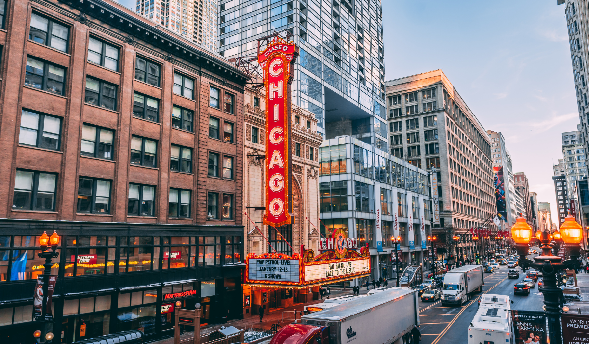 chicago theater marquee on a city street