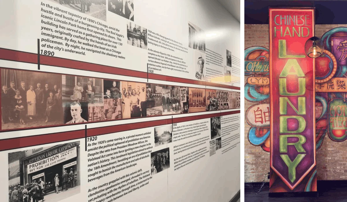 on the left is a historic timeline of prohibition and the locations speakeasy in the past, on the right is a mural depicting its previous front as chinese laundry