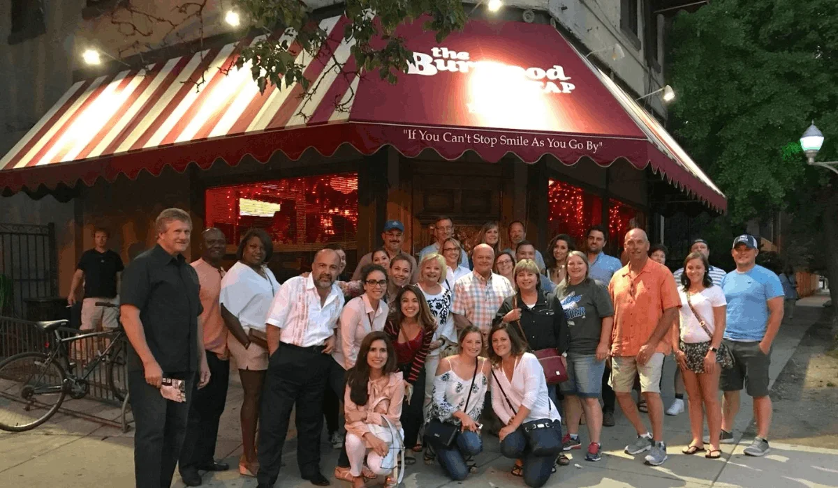 group of people outside of the burwood tap in chicago